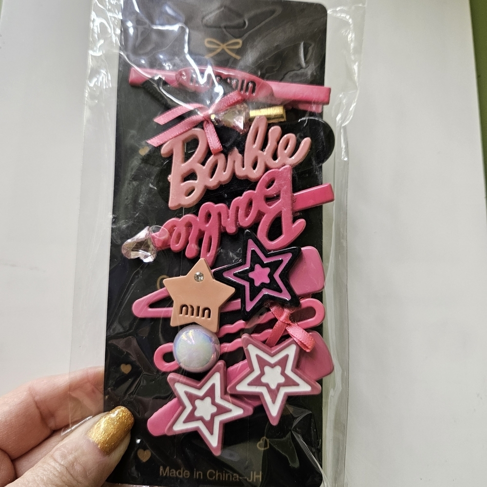 Barbie Hair Clip Set Pink and Black Star Heart Bow Rhinestones - Picture 3 of 8